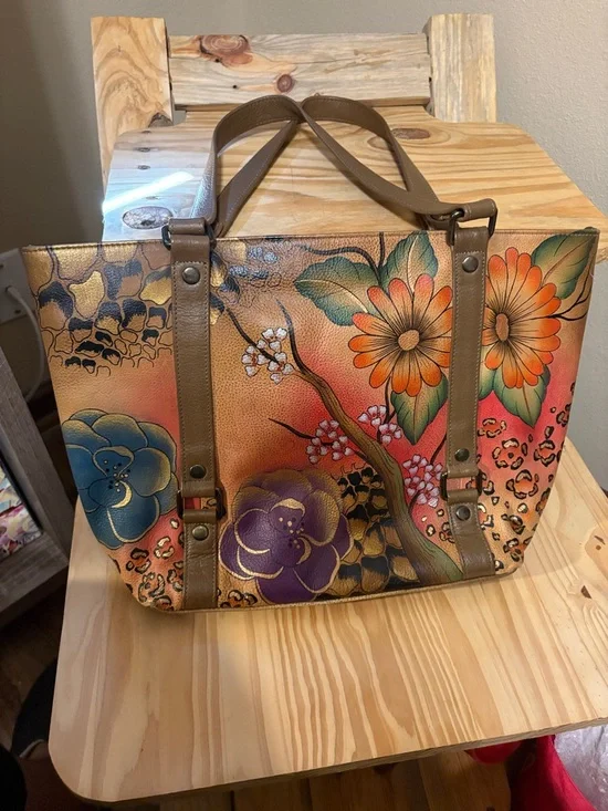 Anuschka Hand-Painted Floral Leather Tote Bag in Multicolor EUC - Picture 1 of 10